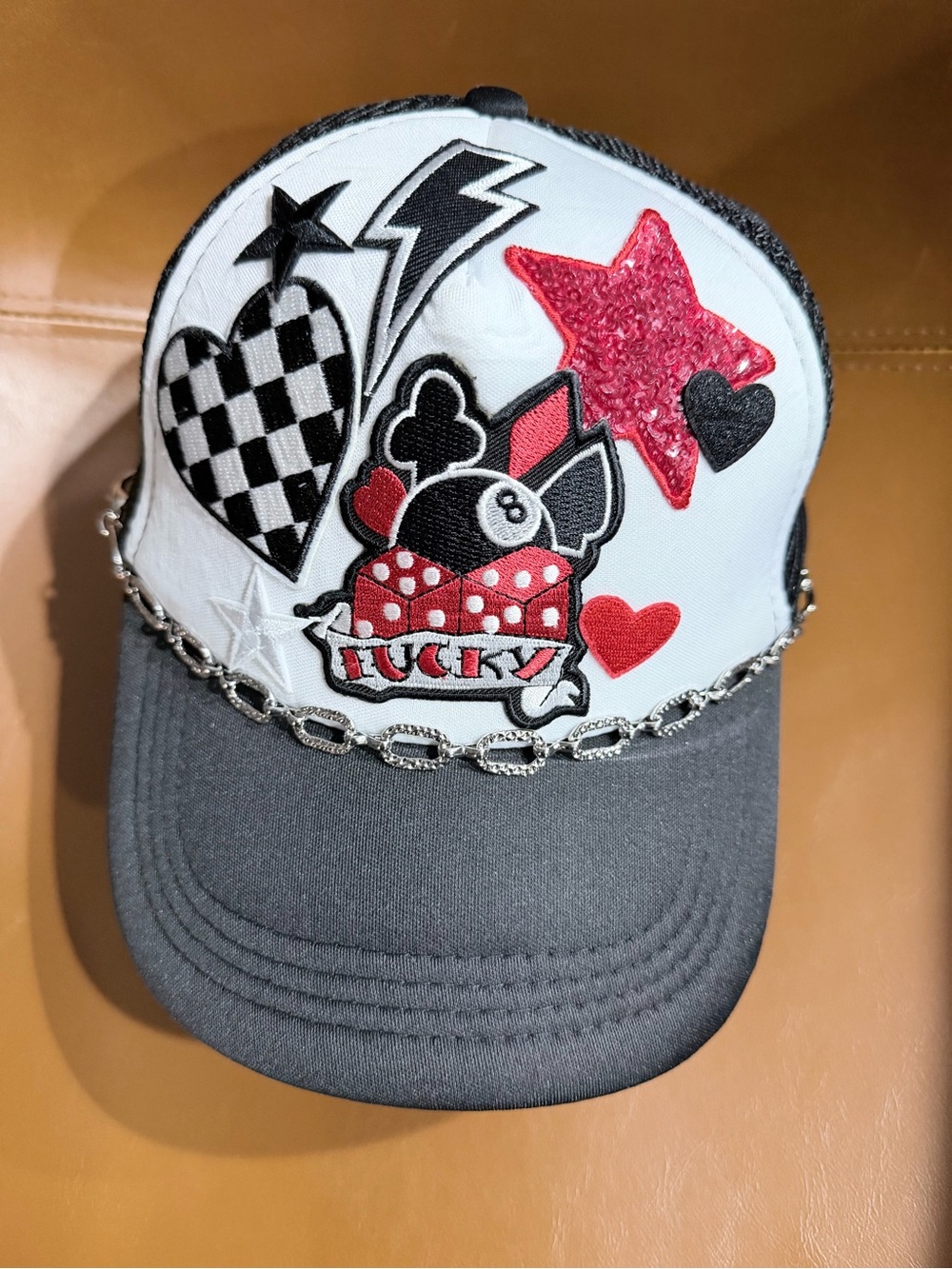 Embellished 'Lucky' Patch Trucker Hat in White, Black & Red